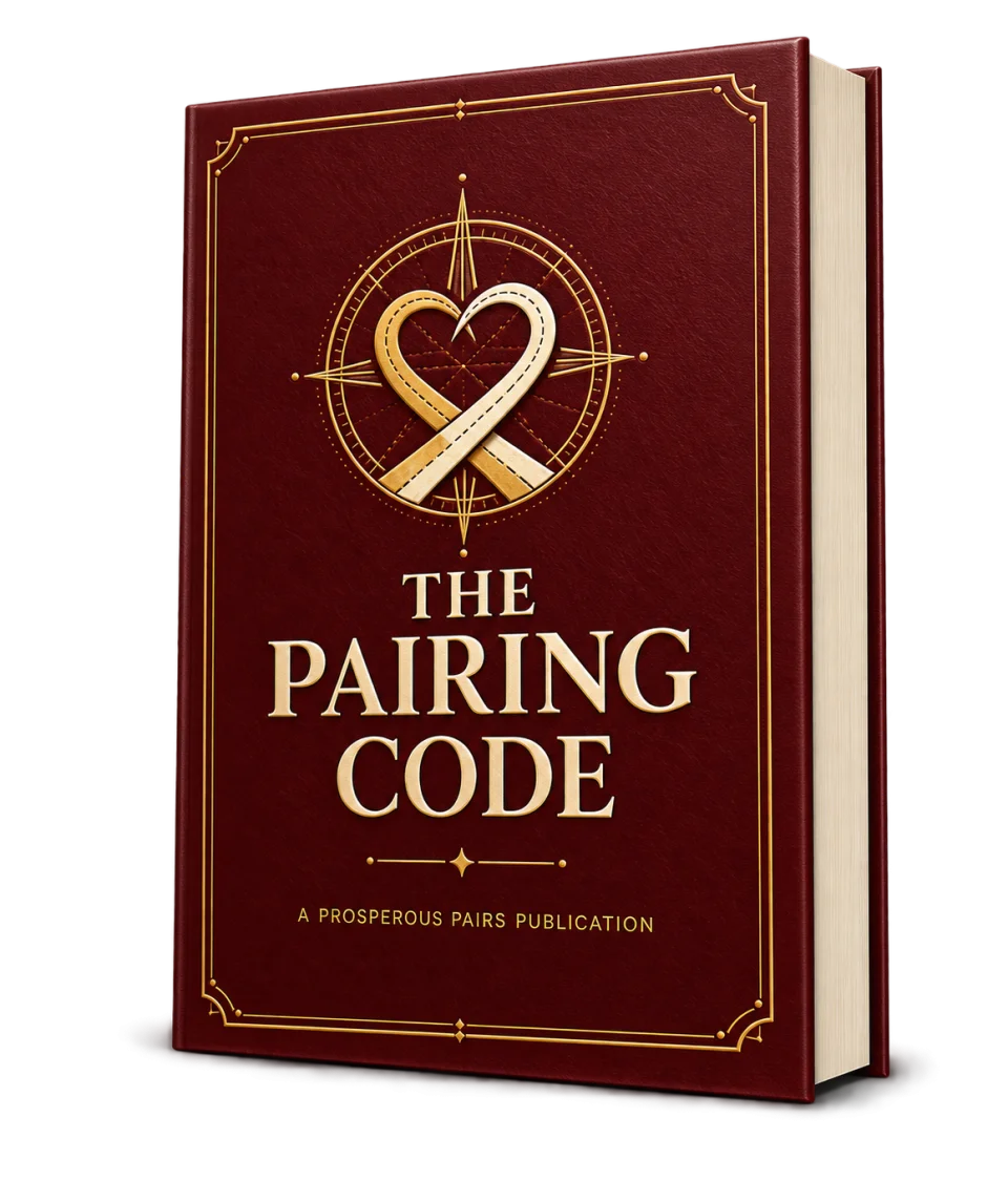 Burgundy and gold The Pairing Code book with a heart-and-compass emblem, representing the foundation of the Prosperous Pairs methodology.